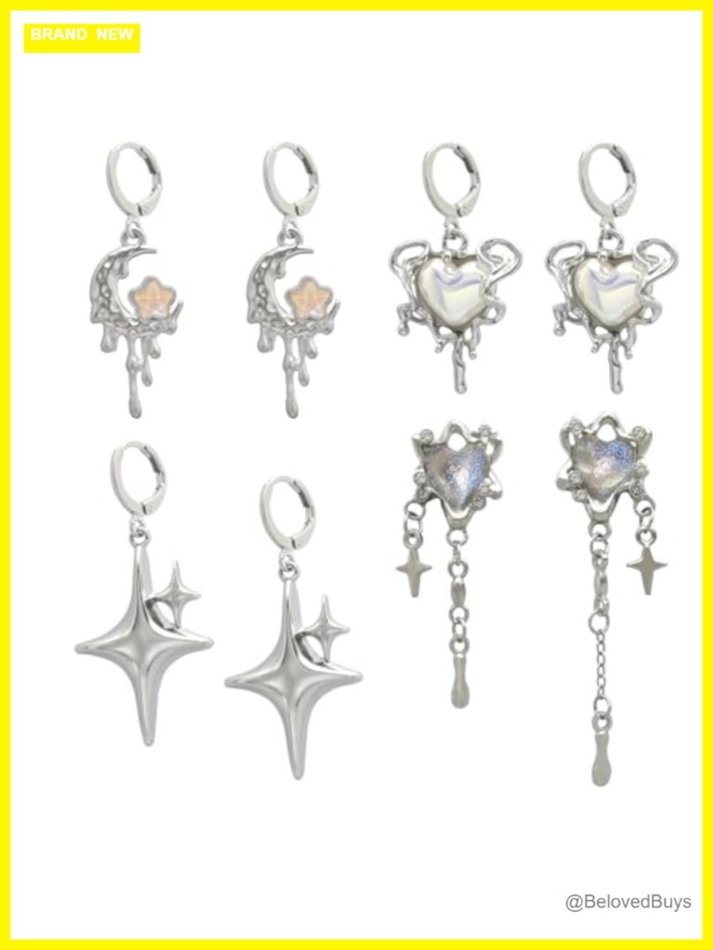 Y2K Spike Star Hoop Earrings Set 4 Pairs Zinc Goth Emo Dangle Jewelry
